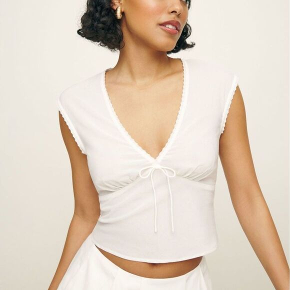 REFORMATION, Cherry Cotton, V-Neck, Cropped top, Black & White, sz 2, RomCom - Picture 7 of 7